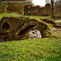 Buy canvas prints of Wycoller packhorse bridge and hall ruins. by David Birchall