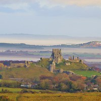 Buy canvas prints of Corfe Castle Misty morning by Alan Sutton