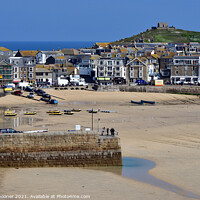 Buy canvas prints of Low tide at St Ives Beach in Cornwall and St Nicholas Chapel by Rosie Spooner