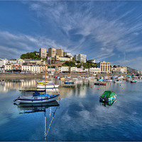 Buy canvas prints of Cloud reflections at Torquay Harbour by Rosie Spooner