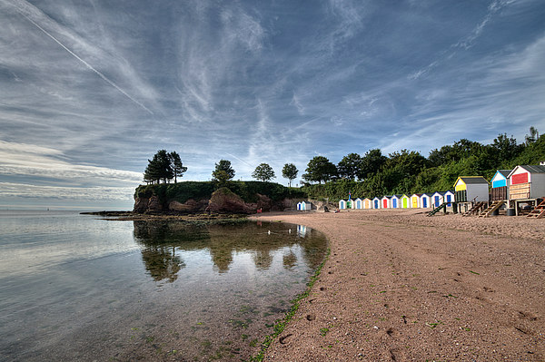 Reflections and Beach Huts at Corbyn Head Torquay Picture Board by Rosie Spooner