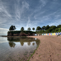 Buy canvas prints of Reflections and Beach Huts at Corbyn Head Torquay by Rosie Spooner