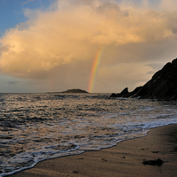 Buy canvas prints of Rainbow over Looe island by Rosie Spooner