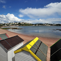 Buy canvas prints of Beach huts Corbyn Head Torquay by Rosie Spooner
