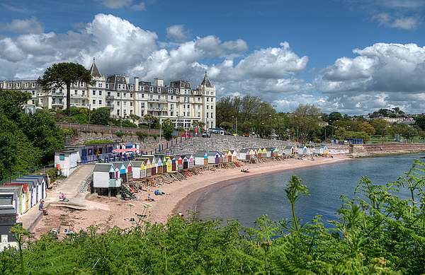 Corbyn Head Beach Huts, Cafe and Grand Hotel Picture Board by Rosie Spooner