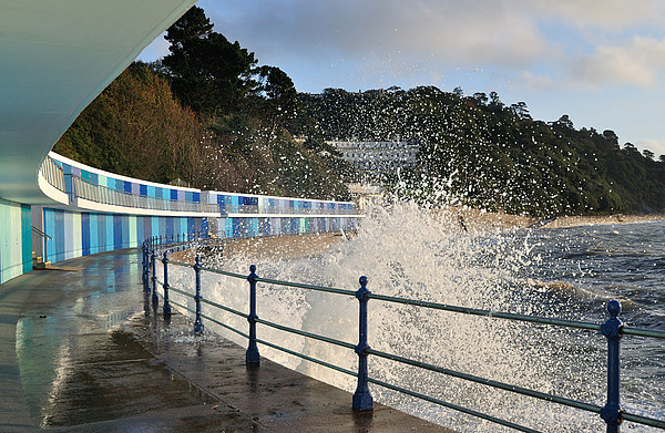  Rough seas and chalets at Meadfoot Beach Torquay Picture Board by Rosie Spooner