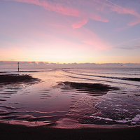 Buy canvas prints of  Pink low tide sunrise on Teignmouth Beach by Rosie Spooner