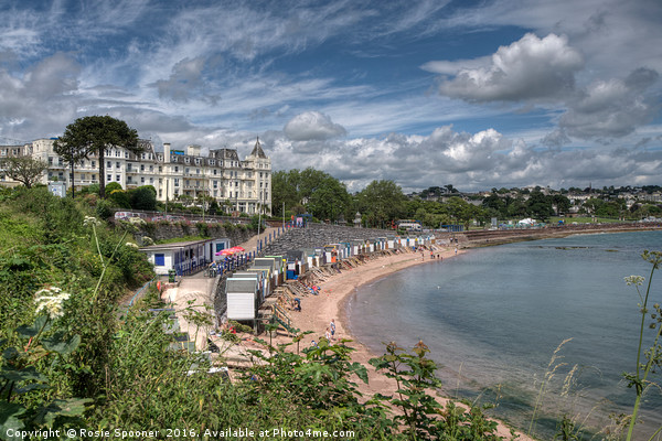 Corbyn Head Beach Huts and the Grand Hotel Torquay Picture Board by Rosie Spooner