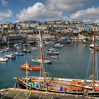 Buy canvas prints of Brixham Harbour View and sailing trawler by Rosie Spooner