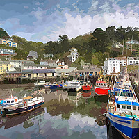 Buy canvas prints of Colourful boats and houses at Polperro Harbour  by Rosie Spooner