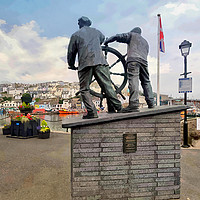 Buy canvas prints of The Man and Boy statue at Brixham Harbour  by Rosie Spooner