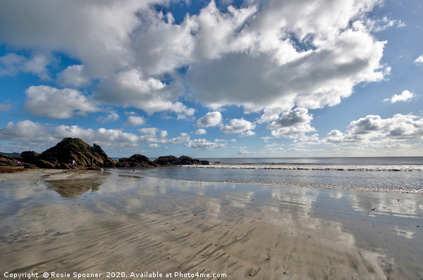 Cloud reflections on Looe Beach in Cornwall Picture Board by Rosie Spooner