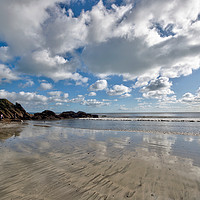 Buy canvas prints of Cloud reflections on Looe Beach in Cornwall by Rosie Spooner