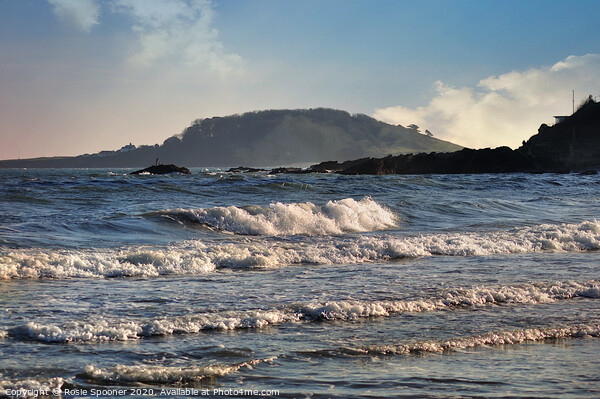 Looe island as waves roll in Picture Board by Rosie Spooner