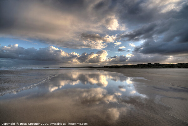 Cloud reflections early morning on Hayle Sands in Cornwall Picture Board by Rosie Spooner