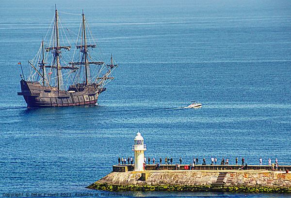 El Galeon Leaving Brixham Picture Board by Peter F Hunt