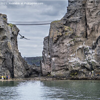 Buy canvas prints of Carrickarede Rope Bridge (Low Tide) by Peter Lennon