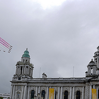 Buy canvas prints of Red  Arrows over Belfast City by Peter Lennon