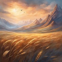 Buy canvas prints of Wheat Fields And Mountains by Anne Macdonald