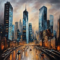 Buy canvas prints of City Skyline In Oil Painting Style by Anne Macdonald