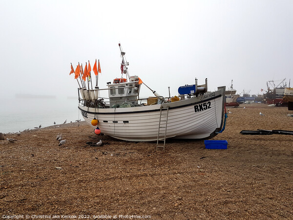 White Boat on Misty Beach, Old Town, Hastings Picture Board by Christine Kerioak
