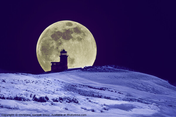 Big Moon in the Snow Silhouetting Lighthouse Picture Board by Christine Kerioak
