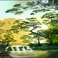 Buy canvas prints of Waterfall Amoung the Trees - Painting by Christine Kerioak