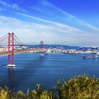 Buy canvas prints of Bridge of 25th April over river Tajo, Lisbon, Port by Dragomir Nikolov