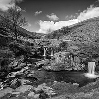 Buy canvas prints of Three Shires Head Waterfalls Black and White by Andy McGarry