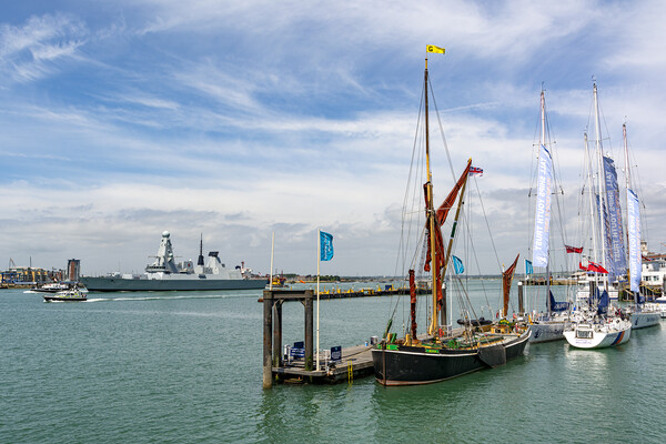 Thames Barge 'Alice' with HMS Duncan Picture Board by Malcolm McHugh