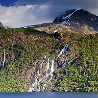 Buy canvas prints of Nordfjord Waterfalls and Mountains, Norway by Martyn Arnold