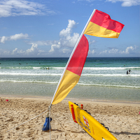 Buy canvas prints of Lifeguards Flag and Surfboard by Paula Connelly