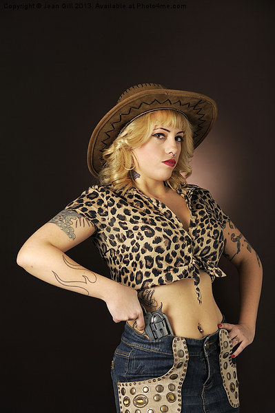 Cowgirl pin-up with gun Picture Board by Jean Gill