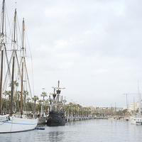 Buy canvas prints of Boats Barcelona Harbour by Jean Gill