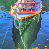 Buy canvas prints of Dinghy and autumn leaves by Jean Gill