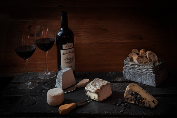 Old Maestra French Cheese and Bottle of Red Wine Picture Board by Jean Gill
