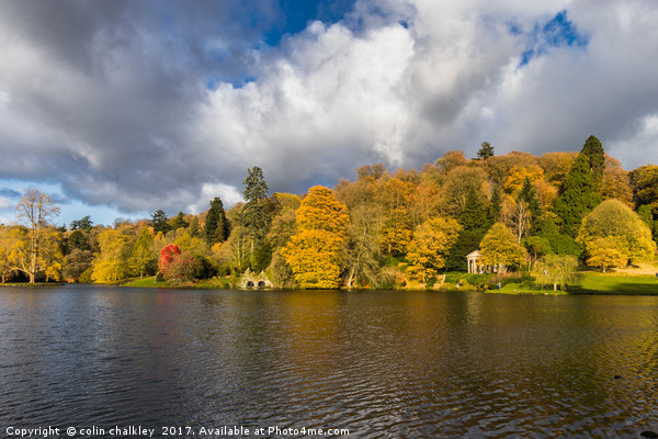 Majestic Autumnal Reflections at Stourhead Gardens Picture Board by colin chalkley