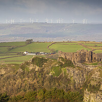 Buy canvas prints of Wind turbines above Carreg Cennen castle by Leighton Collins