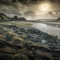 Buy canvas prints of  Moody Three Cliffs Bay Gower  by Leighton Collins