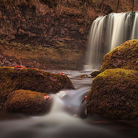 Buy canvas prints of Moss covered rocks at Sgwd yr Eira waterfall by Leighton Collins