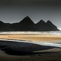Buy canvas prints of Grey sky at Three Cliffs Bay by Leighton Collins