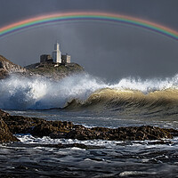 Buy canvas prints of Rainbow over Mumbles lighthouse by Leighton Collins