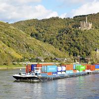 Buy canvas prints of A Rhine boat sails past Burmg Maus by Frank Irwin