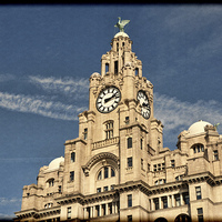 Buy canvas prints of Top of Liverpools Liver Buildings, Grunged effect by Frank Irwin