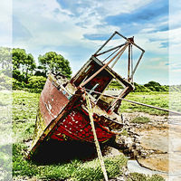 Buy canvas prints of A Colourful boat lies on Heswall Beach by Frank Irwin
