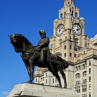Buy canvas prints of Statue, Edward VII set against the Liver Buildings by Frank Irwin