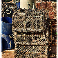 Buy canvas prints of Lobster pots stacked up ready for reuse. (grunged) by Frank Irwin