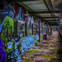 Buy canvas prints of Colourful, graffiti-decorated building by Gareth Burge Photography