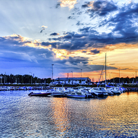 Buy canvas prints of Sunset in small boat marina, Helsinki by Juha Remes