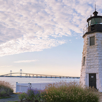 Buy canvas prints of Goat Island lighthouse and bridge by Marianne Campolongo